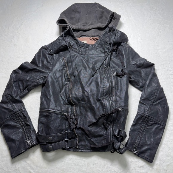 Free People Small Vegan Leather Cleo Hooded Moto Jacket Buckle Edgy Punk Biker - Picture 1 of 8